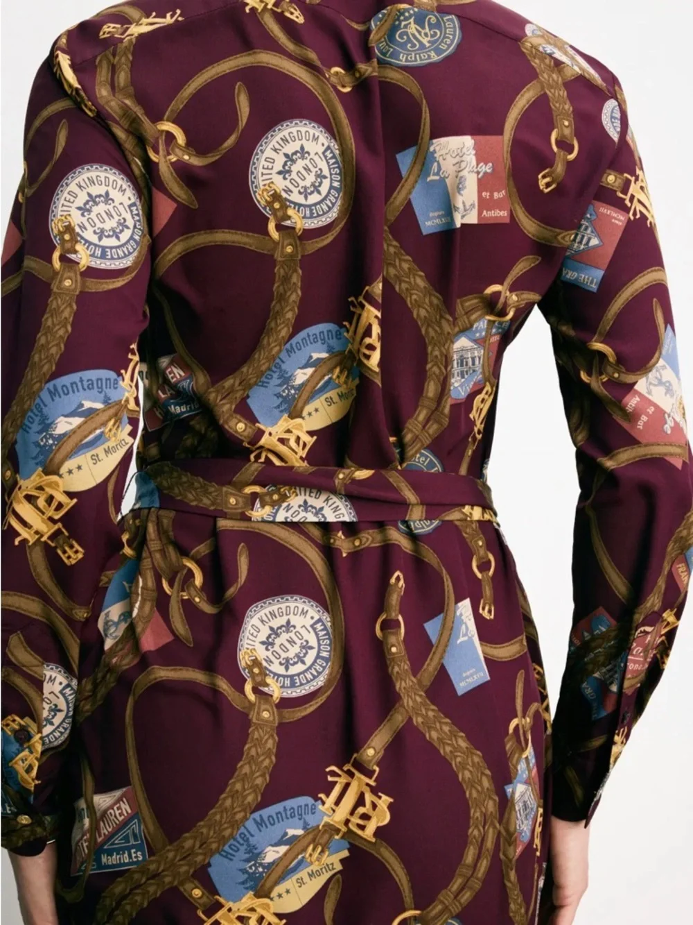 Long-Sleeve Burgundy Printed Tie-Waist Shirt Dress - Picture 2 of 10